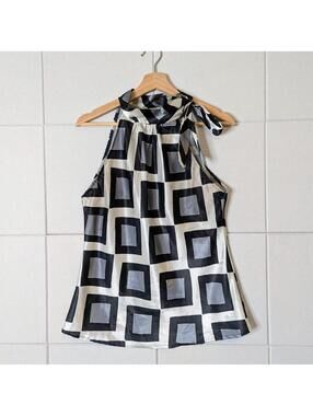 Vintage y2k mod geometric satin high neck bow blouseb